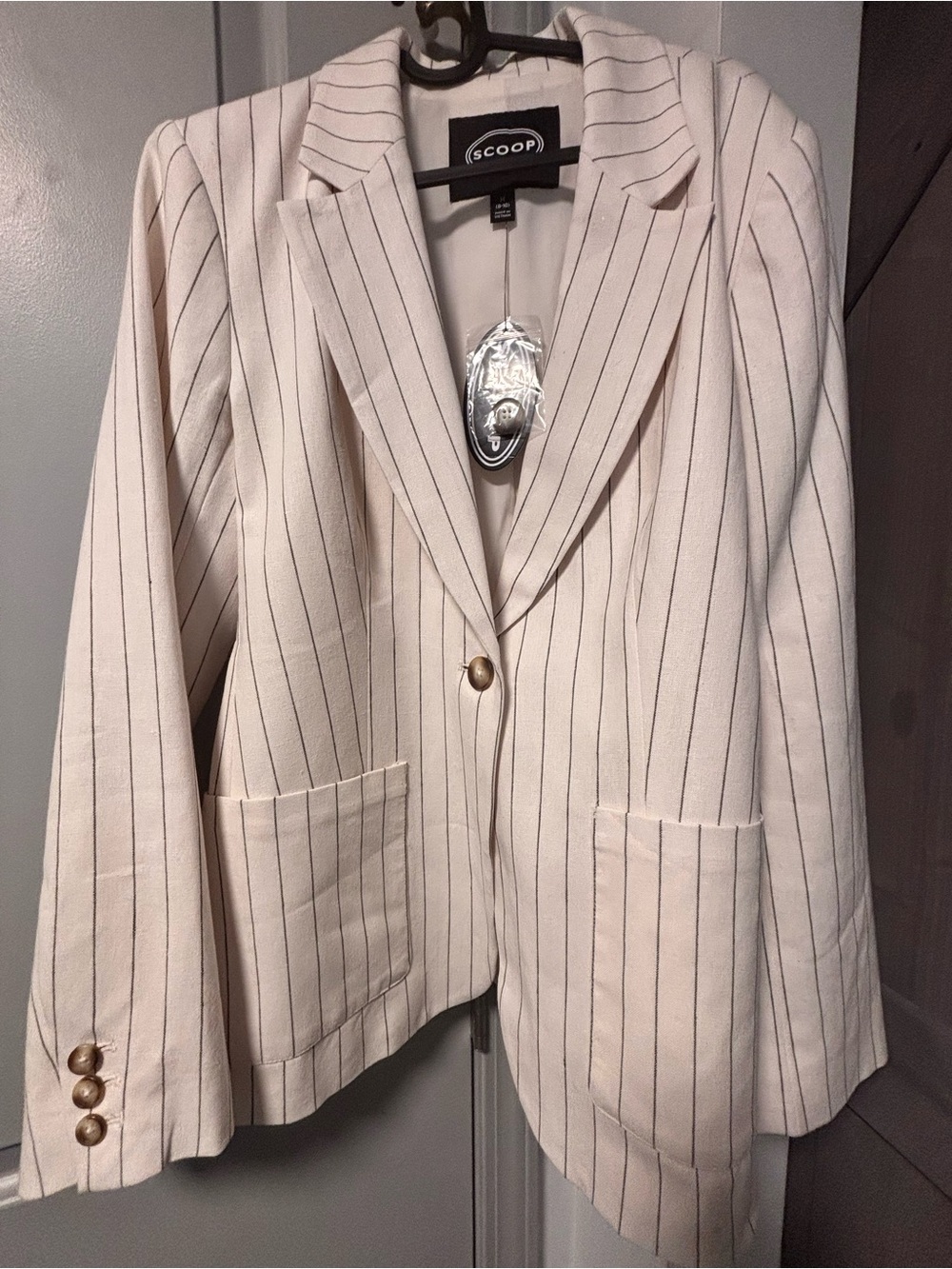 Scoop NYC Cream Pinstripe One-Button Blazer with Gold Buttons